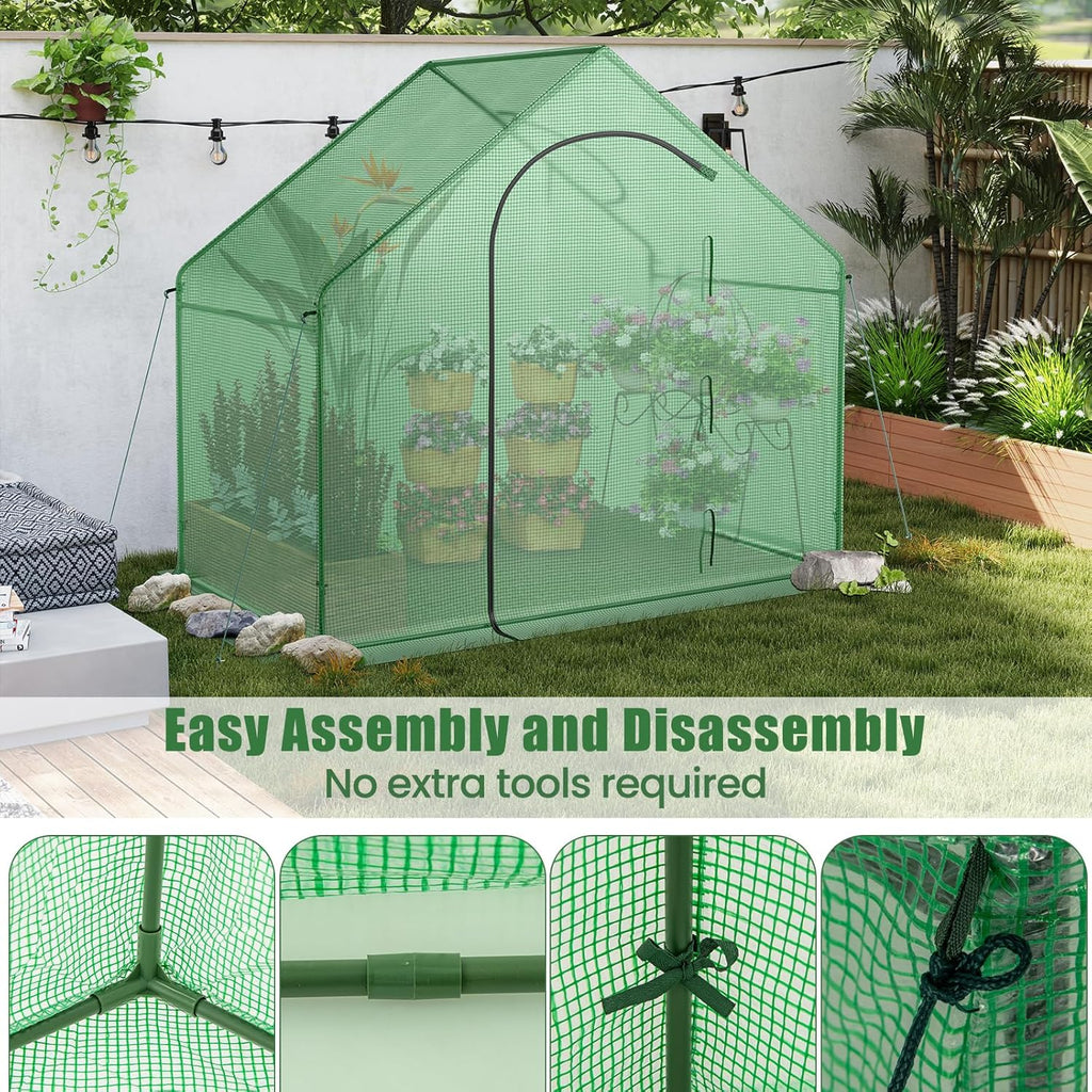 HAPPYGRILL Walk-in Greenhouse, 6 x 3 x 5.5 FT Portable Outdoor Green House for Winter w/ PE Cover, Rustproof PE-Coated Metal Frame, Roll-up Zippered Door, Window, Greenhouse for Outdoors