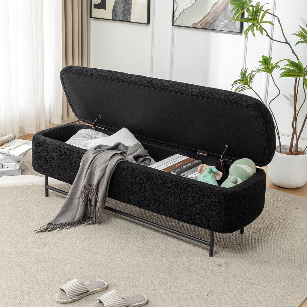 56" Boucle Storage Bench for Bedroom, Upholstered Teddy Ottoman Bench, Modern Extra Long Storage Bench for End of Bed/Entryway/Livingroom/Window (Black)