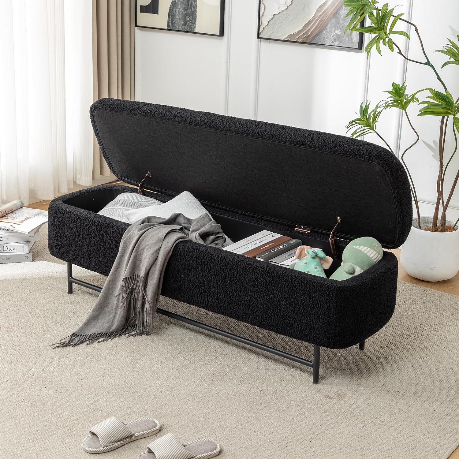 56" Boucle Storage Bench for Bedroom, Upholstered Teddy Ottoman Bench, Modern Extra Long Storage Bench for End of Bed/Entryway/Livingroom/Window (Black)