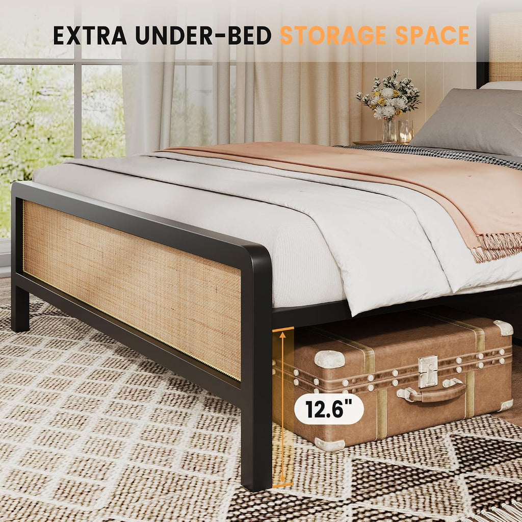 CABIHOME Rattan Queen Size Bed Frame with Natural Cane Headboard, Boho Platform Bed Frame, No Box Spring Needed, Noise-Free, Easy Assembly, Natural