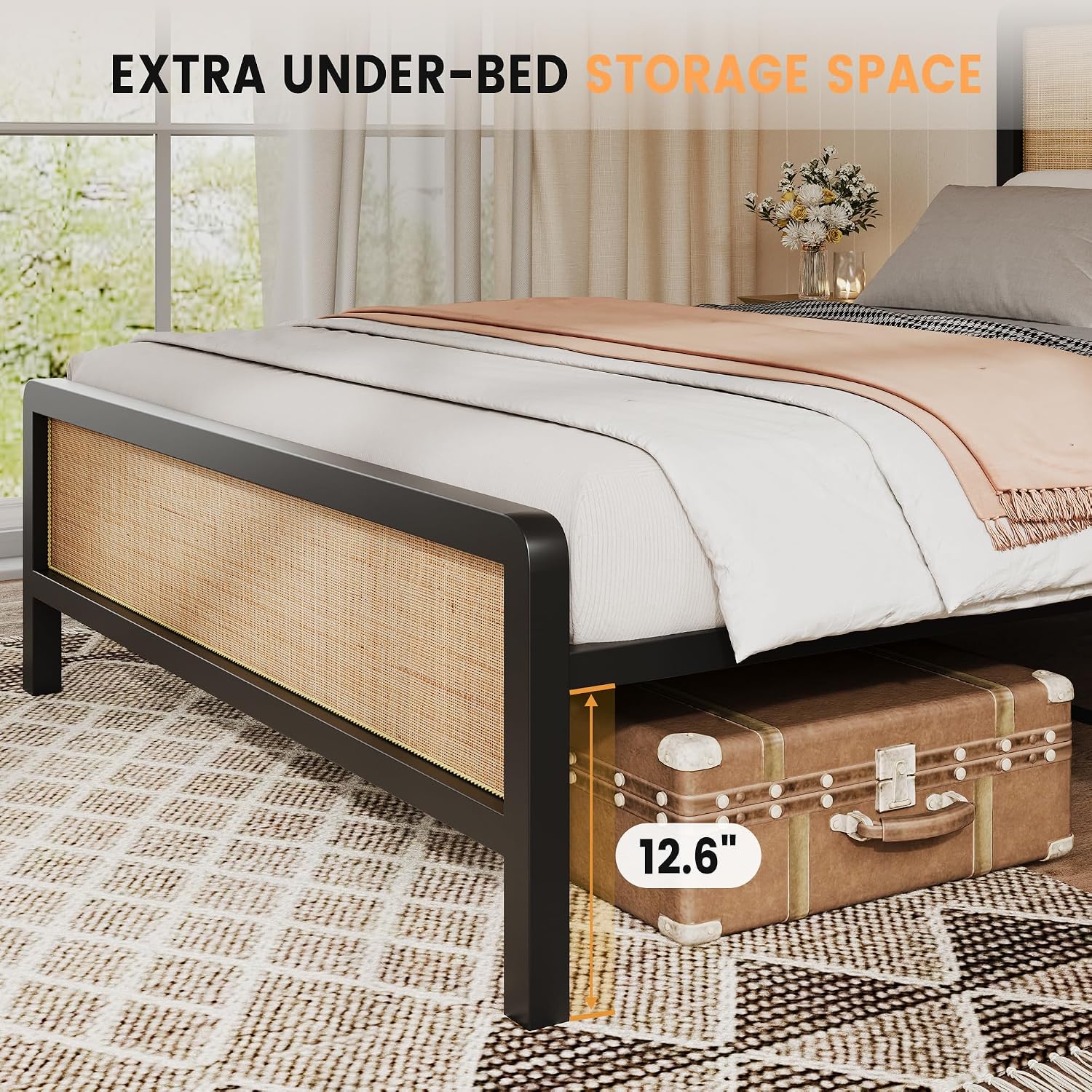 CABIHOME Rattan Queen Size Bed Frame with Natural Cane Headboard, Boho Platform Bed Frame, No Box Spring Needed, Noise-Free, Easy Assembly, Natural