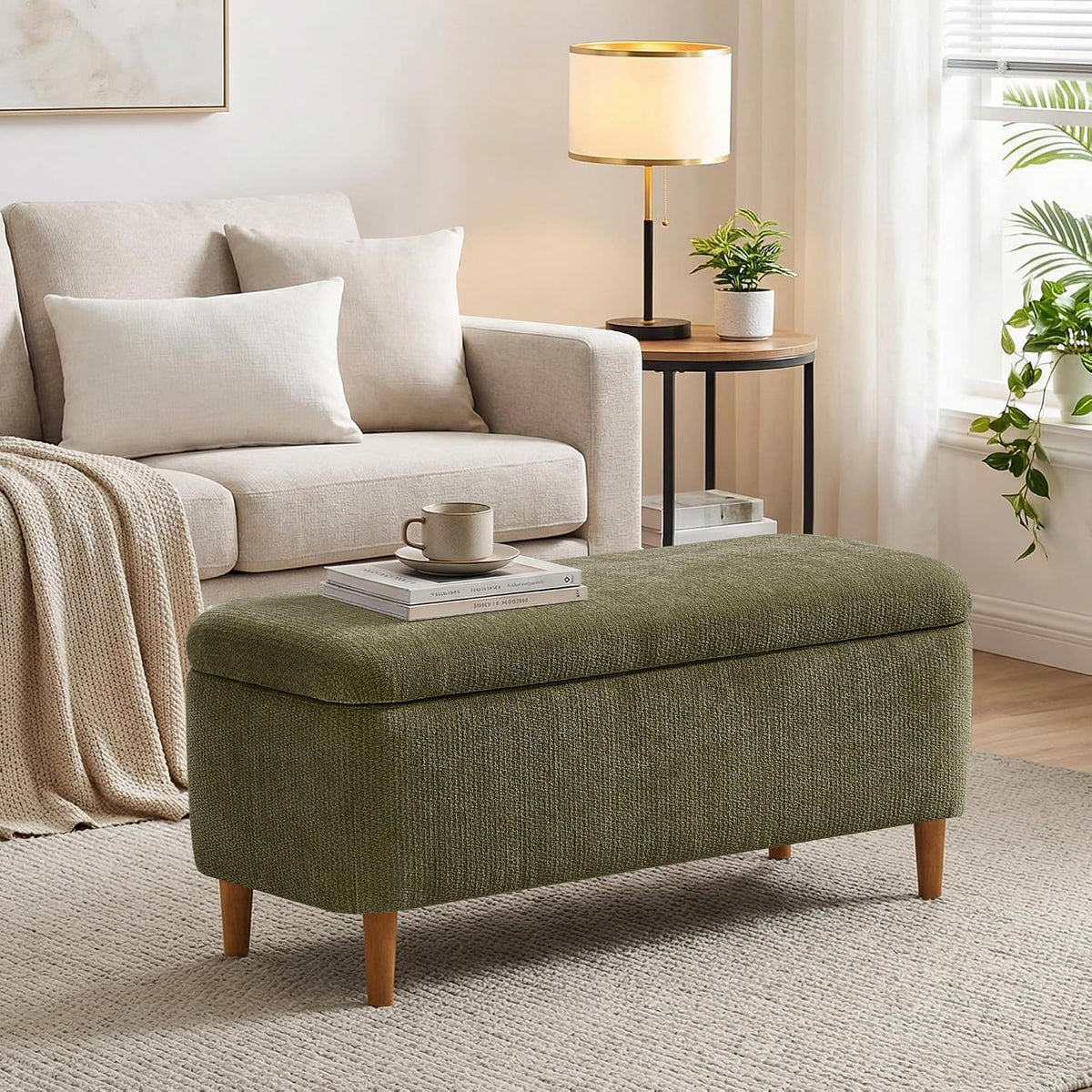 39.4”Ottoman with Storage,Upholstered Comfy Storage Bench Ottoman with Wooden Legs,End of Bed Bench Footstool for Hallway Entryway Bedroom Living Room Green