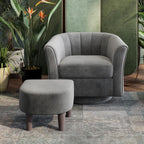LINSY Large Swivel Accent Chair with Ottoman, Velvet Barrel Chair with Footrest, Modern Upholstered Comfy Reading Chair Armchair for Living Room, Bedroom, Study Room, Office, Grey