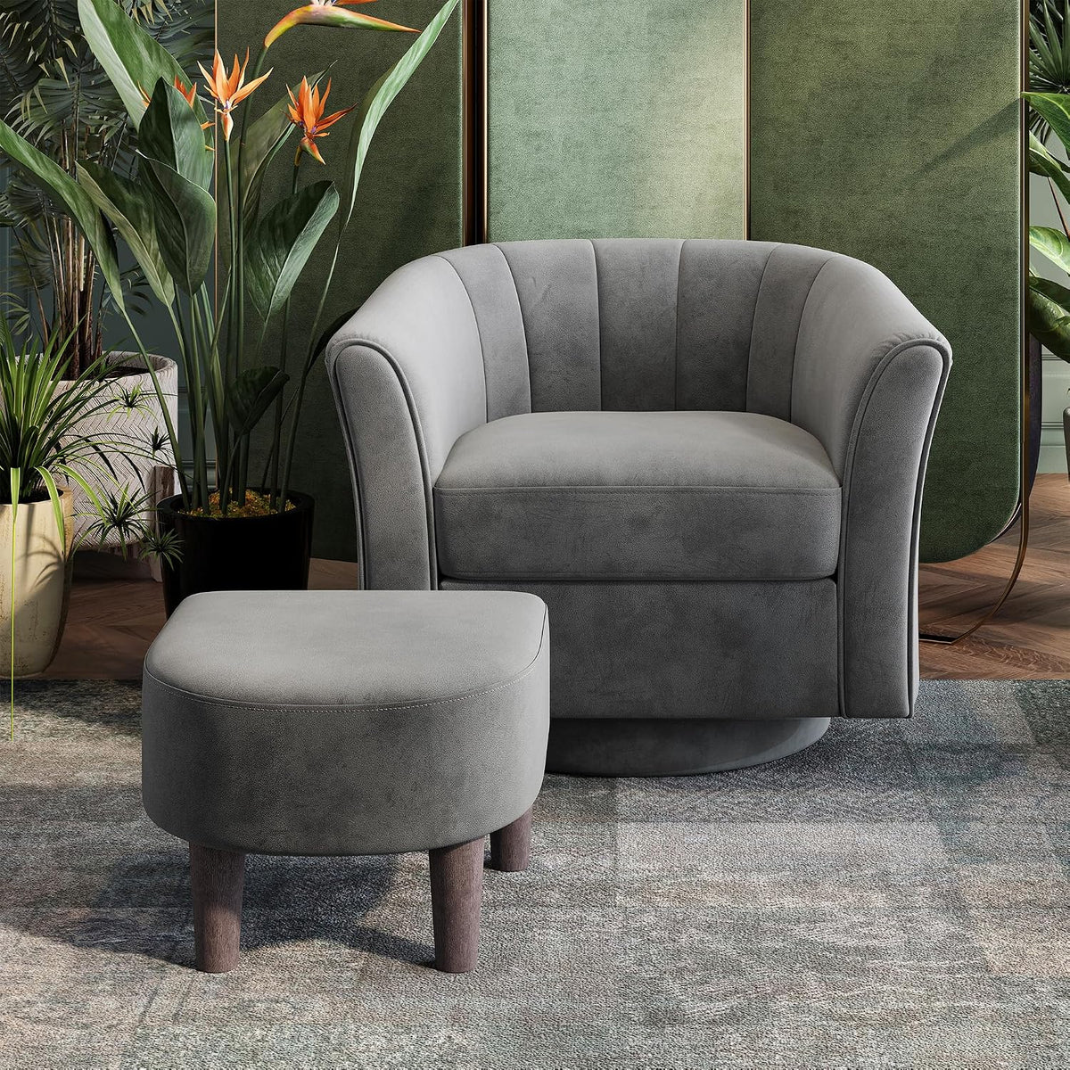 LINSY Large Swivel Accent Chair with Ottoman, Velvet Barrel Chair with Footrest, Modern Upholstered Comfy Reading Chair Armchair for Living Room, Bedroom, Study Room, Office, Grey