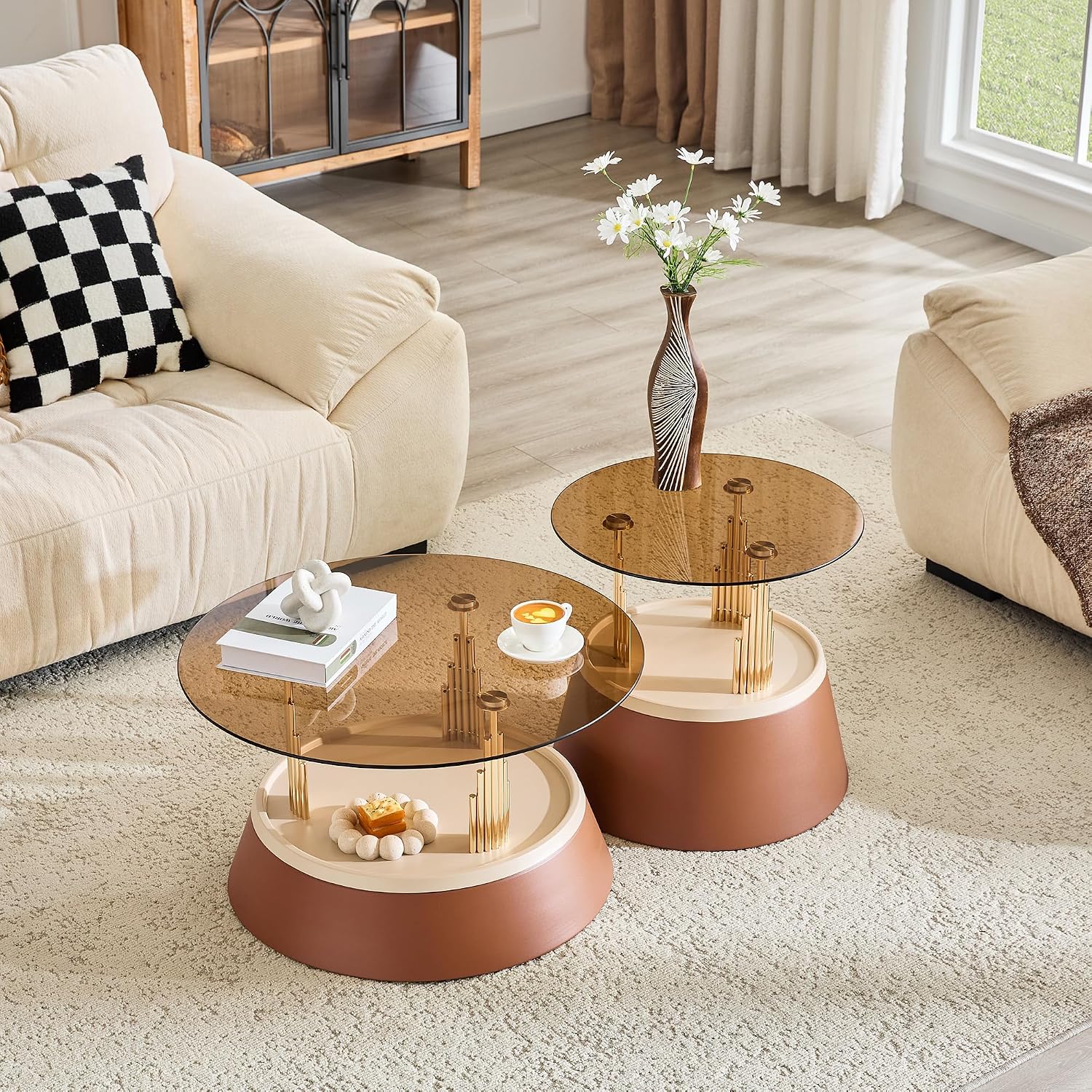 2-Piece Nesting Coffee Table Set, Brown and Gold Metal, Round Side Tables | Nesting Design, Set of 2, Round Side Tables, Metal Frame, Brown & Gold Finish