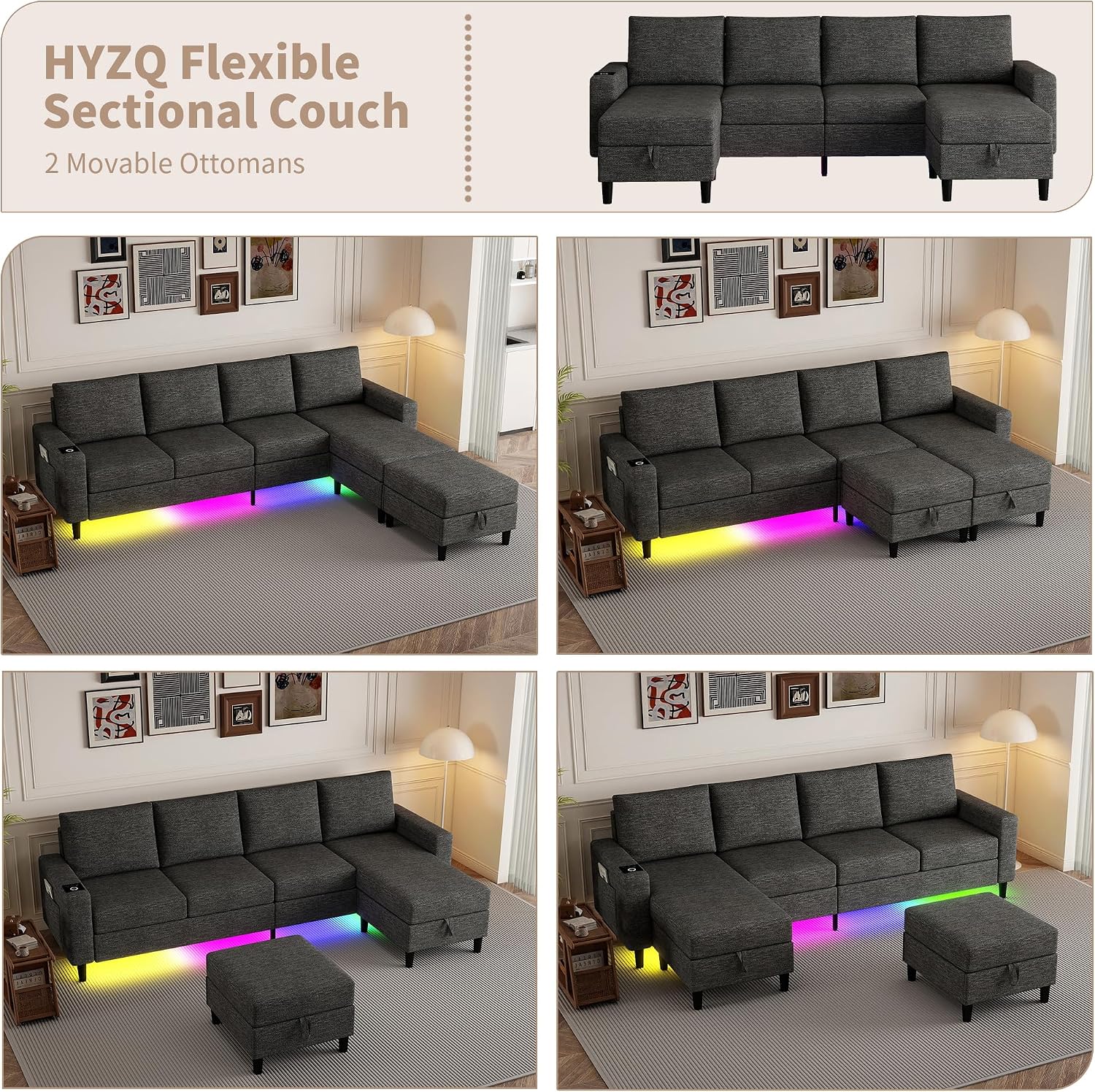 109" Sectional Couch with RGB Lights, U Shaped Couches for Living Room | Wireless Charging, USB & Type-C Port, Storage Ottoman, Reversible Chaise Lounge, Linen Fabric, Dark Grey, for Apartment