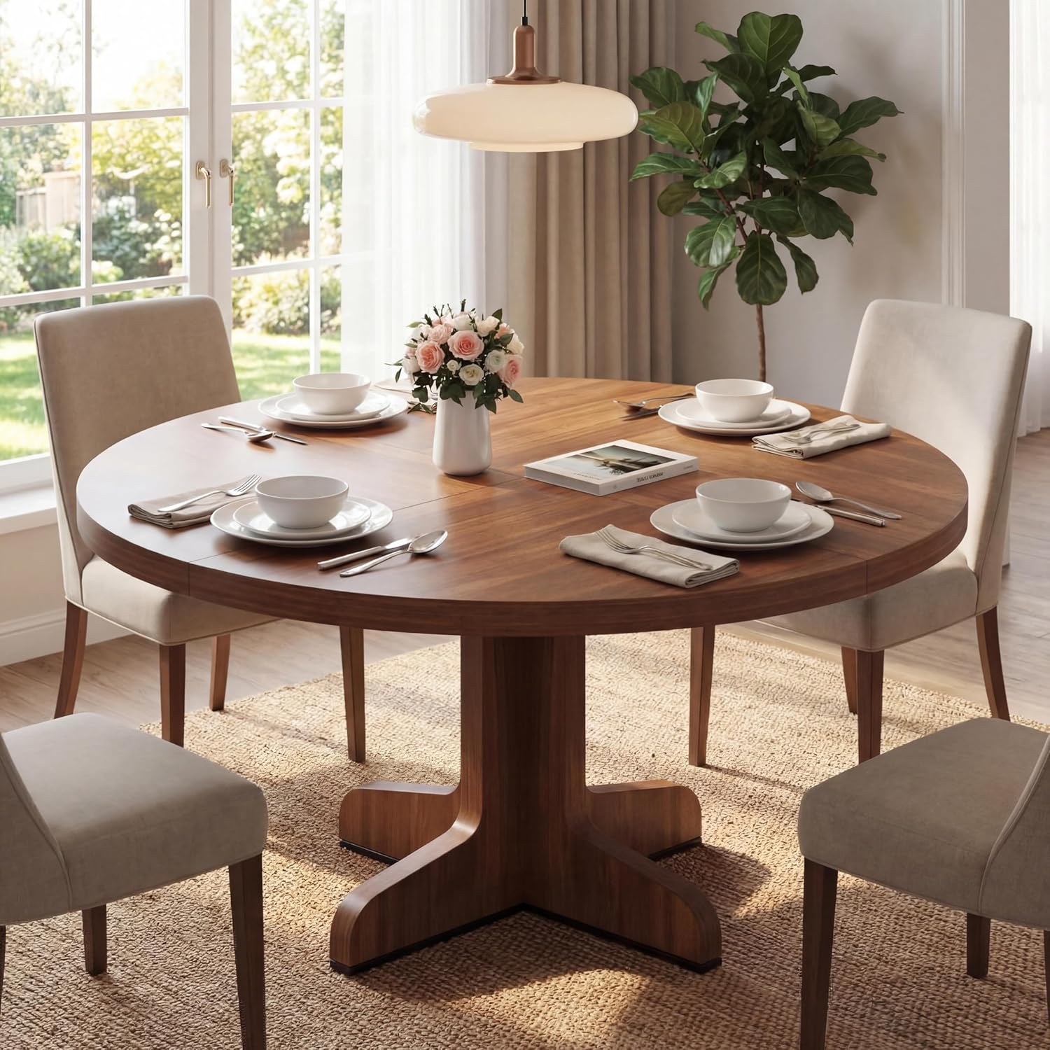 GarveeHome Kitchen Table for 4-6 People, Dining Table, Round Dining Room Table for Kitchen, 47 Inch Round Table for Dining Room, Walnut