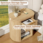 Fluted Nightstand with Charging Station 23.6" Large Round Bedside Table Oak