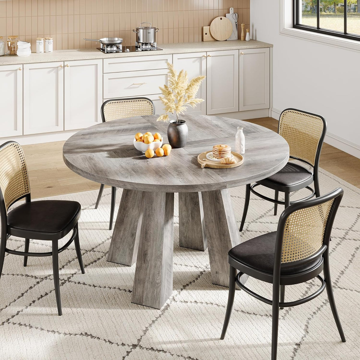 IDEALHOUSE 47" Round Dining Table for 4-6, Wood Kitchen Table with Sturdy Base, Farmhouse Circle Dinner Table for Dining Room, Living Room, 4 Strong Legs, Grey