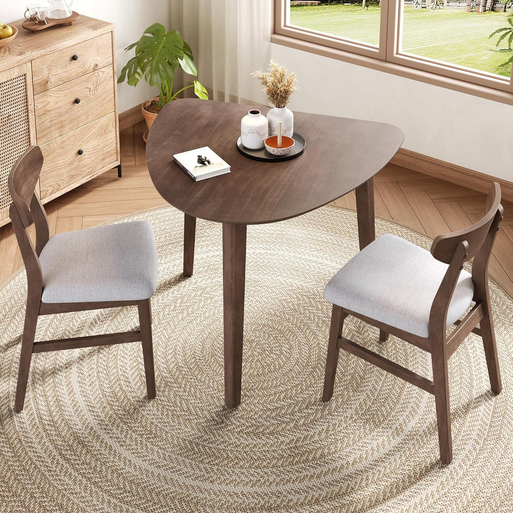 P PURLOVE Modern 3 Piece Table Set, Triangular Table and 2 Curved Wood Chairs for Living Room, Dining Room, Kitchen, Small Space, Minimalist Space-Saving (Brown and Grey)