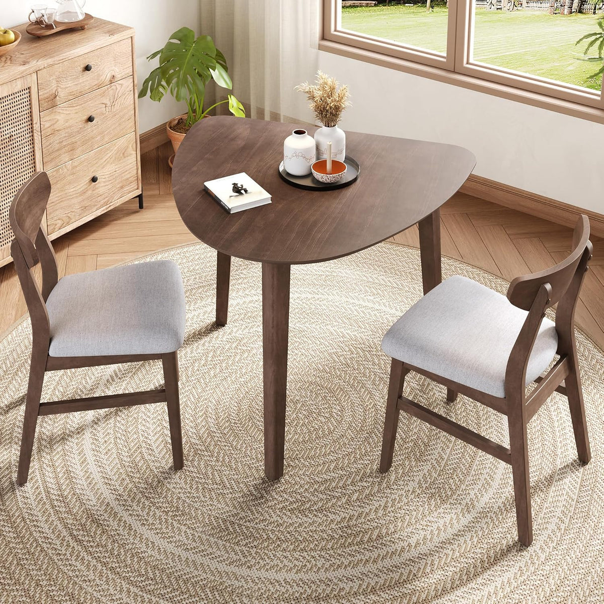 P PURLOVE Modern 3 Piece Table Set, Triangular Table and 2 Curved Wood Chairs for Living Room, Dining Room, Kitchen, Small Space, Minimalist Space-Saving (Brown and Grey)