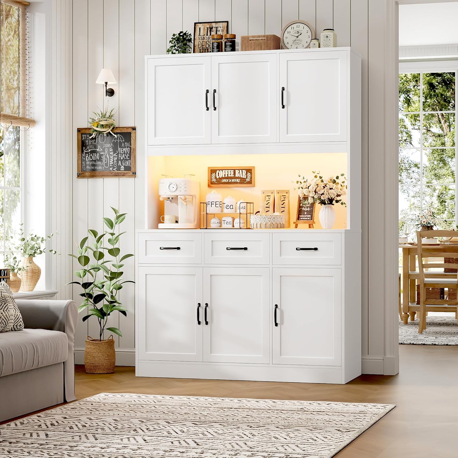 HOSTACK Kitchen Pantry Storage Cabinet, Tall Kitchen Hutch Cabinet, White | 47"W Food Pantry Cabinet with Smart LED / Charging Station / Countertop / 3 Large Drawers, 72"H Storage Hutch, Dining Room