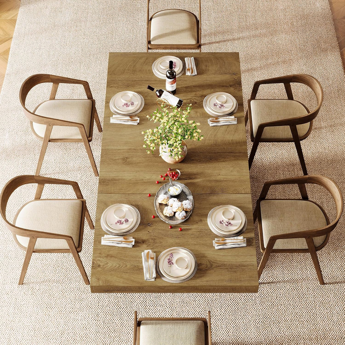 Tribesigns 63'' Dining Table for 4-6, Farmhouse Wooden Rectangular Dinner Table with Geometric Relief, Pedestal Base (Natural Brown)