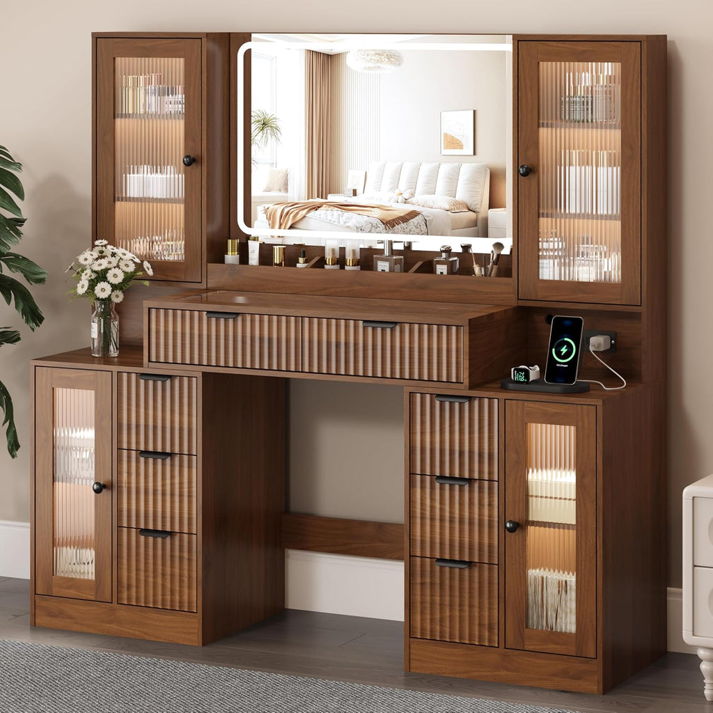 55" Vanity Desk with Mirror & Lights, Fluted Makeup Vanity with 8 Drawers & 4 Cabinets, Tempered Glass Top, RGB Cabinet Lighting, 3-Color Dimmable Mirror, and Charging Station