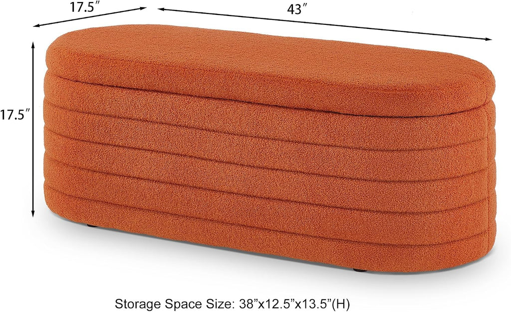 extrasleep Modern 43" Oval Storage Ottoman Bench with Safety Hinge, Upholstered Teddy Fabric End of Bed Bench with Hidden Storage, Comfy Foot Rest for Bedroom Living Room, Entryway Bench, Orange