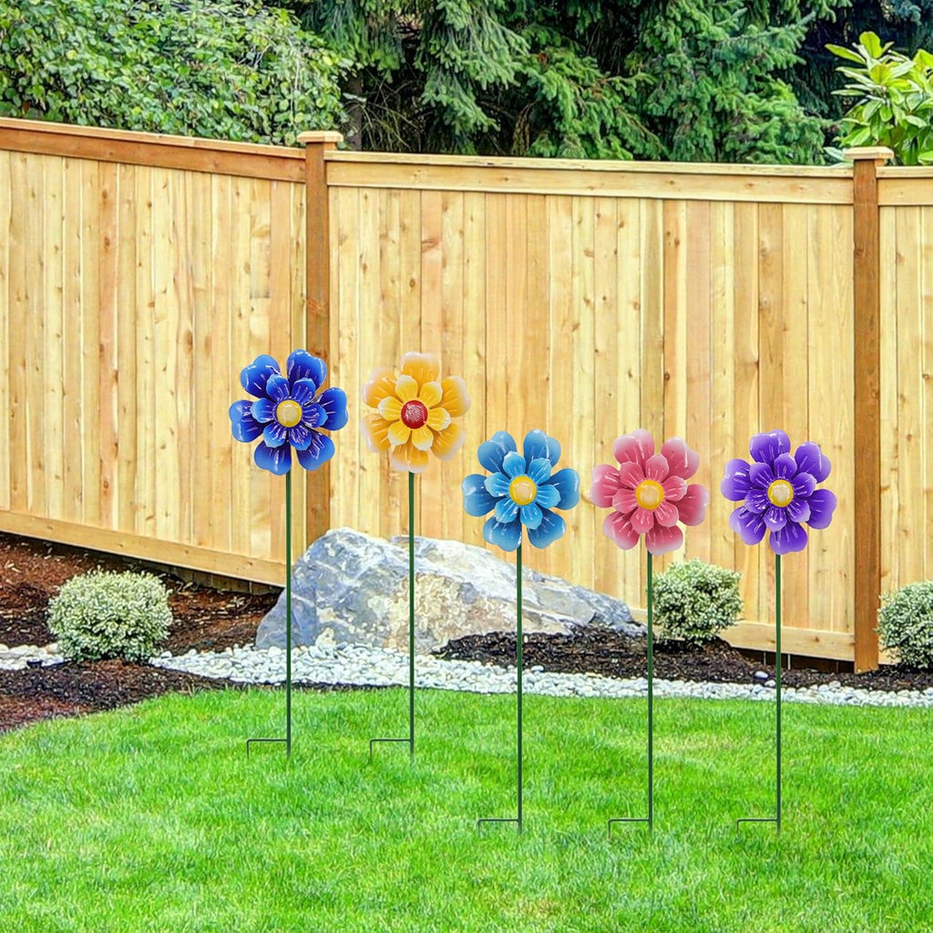 Metal Flower Wind Spinner Garden Lawn Stakes Yard Art, 27 Inch Windmill Outdoor Garden Iron Handicraft Lawn Ornament, Outside Front Metal Yard Art Decor, 5 pieces Outdoor Front Porch Patio Decorations