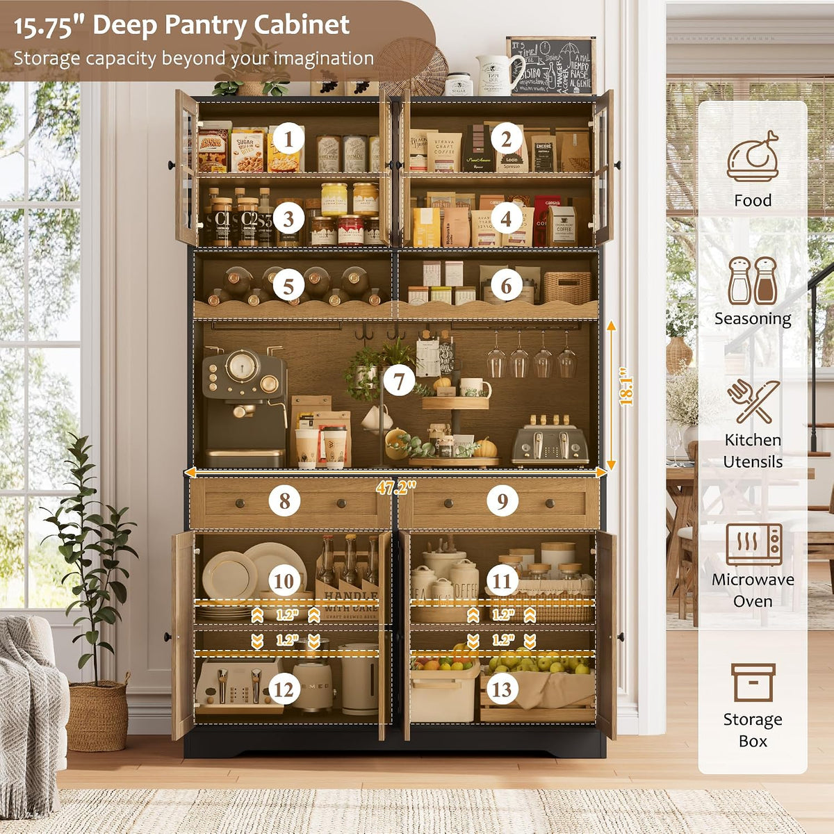 HOSTACK 75" Kitchen Pantry Storage Cabinet, Coffee Bar Hutch Cabinet, Brown | Tall Pantry Cabinet with Charging Station / Wide Countertop / Glass Doors / Wine Rack / Cup Holder / Drawers, Dining Room