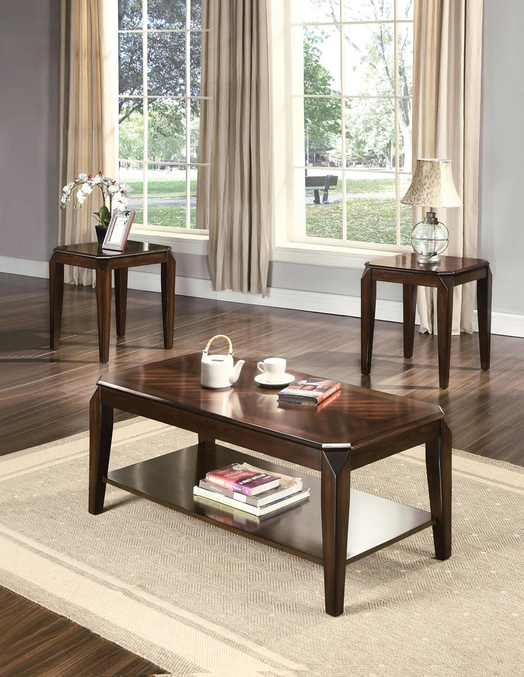 Polay 3-Piece Coffee and End Table Set with Parquet Design | Rich walnut finish, parquet pattern tops, sturdy wooden aprons (79mm thick), tapered legs, perfect for living rooms.