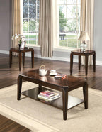 Polay 3-Piece Coffee and End Table Set with Parquet Design | Rich walnut finish, parquet pattern tops, sturdy wooden aprons (79mm thick), tapered legs, perfect for living rooms.