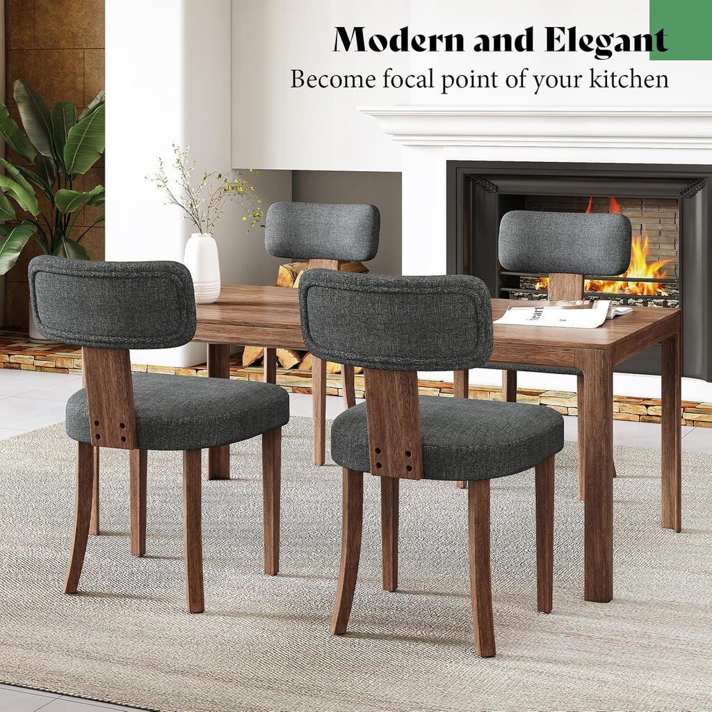 AMERLIFE Kitchen Chairs, Set of 4 Modern Linen Chairs with Upholstered Curved Backrest & Seat, Hardwood Frame, Dark Grey