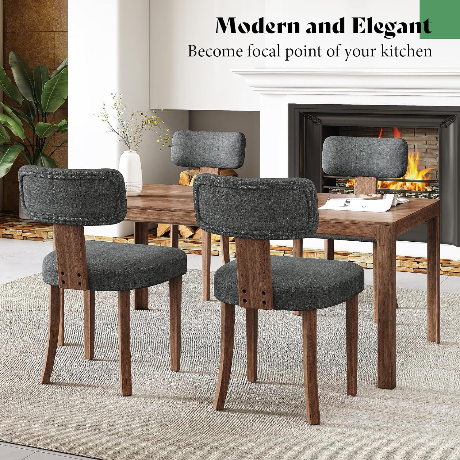AMERLIFE Kitchen Chairs, Set of 4 Modern Linen Chairs with Upholstered Curved Backrest & Seat, Hardwood Frame, Dark Grey