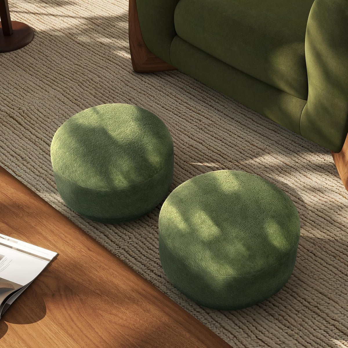 Jennifer Taylor Home Fuji 15" Mushroom Footstool Ottoman in Moss Green Fleeced Teddy