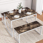 VECELO Kitchen Table with 2 Benches for 4, 43.3'' Wood Dining Room Dinette Sets with Metal Frame for Breakfast Nook and Small Space, Dark Brown