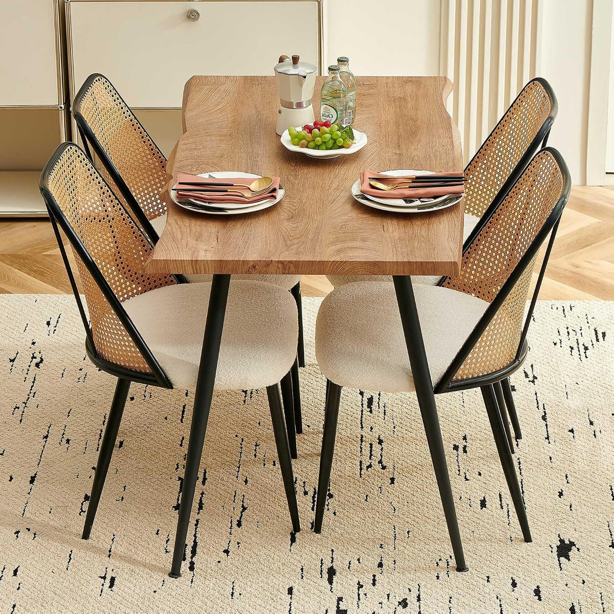 Modern 47 Inch Dining Table, Irregular Rectangle Kitchen Table for 4-6 People, Home Kitchen Table with Engineered Wood Tabletop and Metal Legs for Dining Room, Living Room