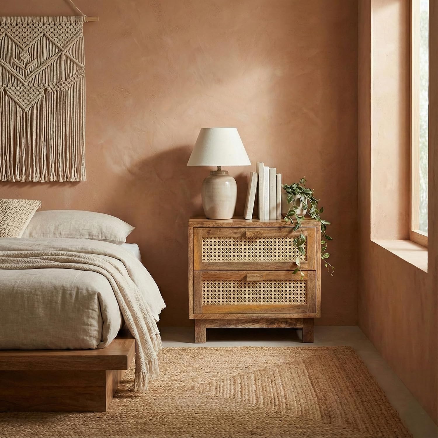 Fab Habitat Flourish 2 Drawer Side Table - 20" H Coastal Boho Mango Wood Cane Accent Nightstand, Handcrafted for Bedroom, Dorm, Small Spaces, Natural Finish