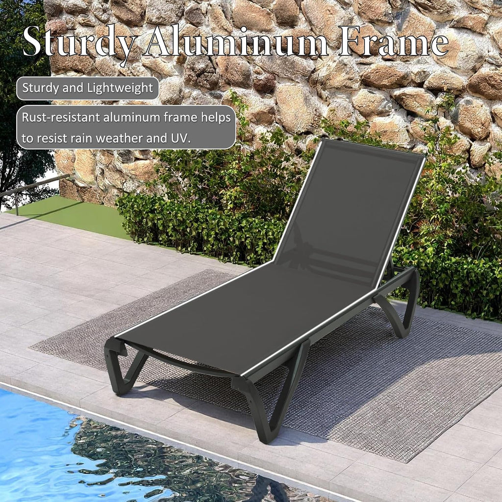 Domi Aluminum Pool Lounge Chair Outdoor Set of 2 Chaise Lounge Outdoor | Wheels, Adjustable, Textilene, Dark Gray, All Weather, Poolside, Backyard, Patio, Deck, Outside