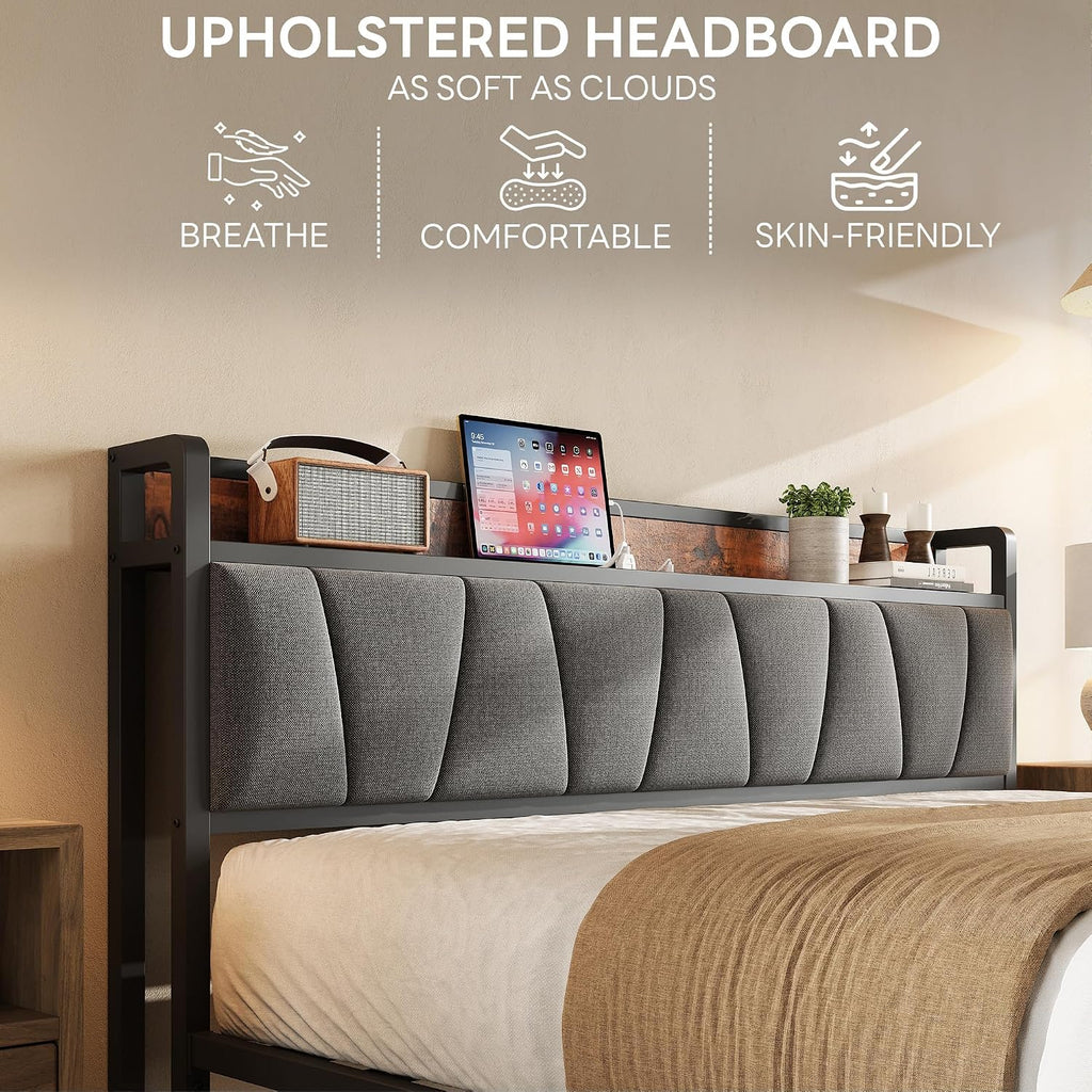 LIKIMIO Queen Size Bed Frame with Storage Headboard and Charging Station