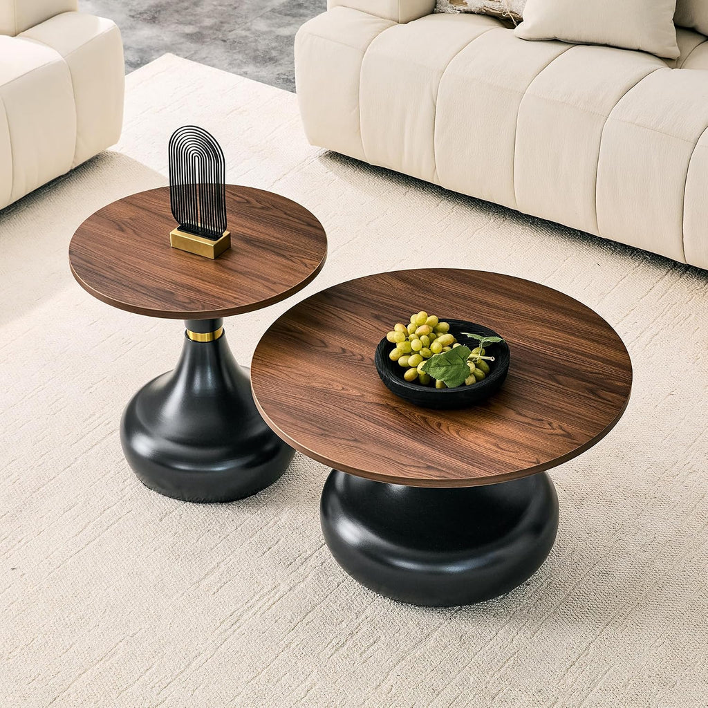 Nesting Coffee Table Set of 2, Modern Rustic Round Wood Center Table Set | French Luxury Circle Tea Table Set with Pedestal Base for Living Room, Apartment, Bedroom, Reception Room, Black and Walnut