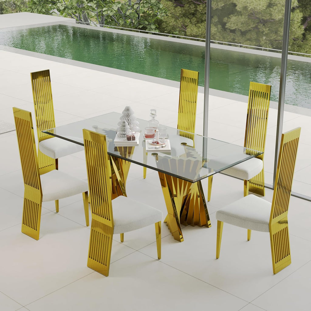 White and Gold Dining Chairs Set of 2, Upholstered Boucle Dining Room Chairs with Slatted Polished Stainless Steel High Back and Legs, Modern Luxury Kitchen Room Chairs