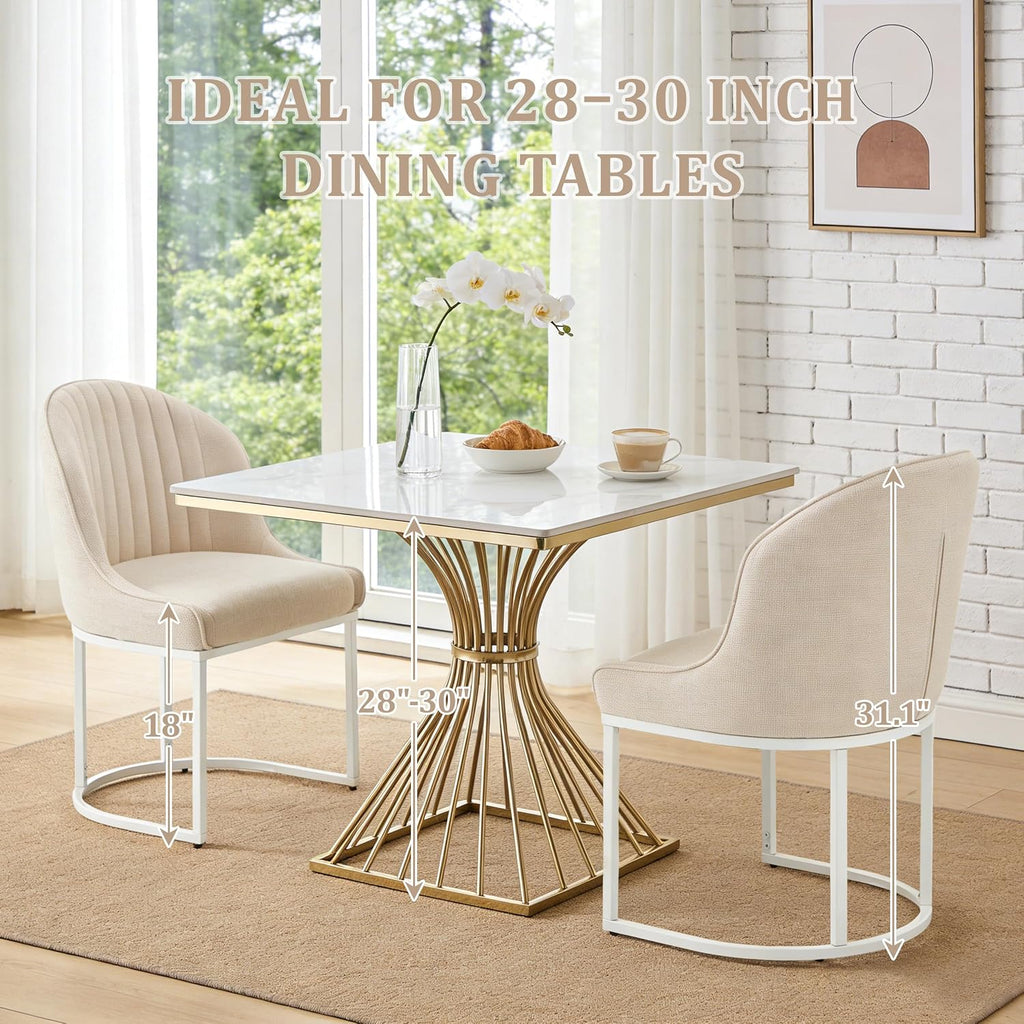Linen Dining Chair Set of 4, Modern Upholstered Kitchen Chair with White Metal Legs, Kitchen & Dining Room Chairs for Restaurant/Bedroom/Living Room (Beige+White, Set of 4)