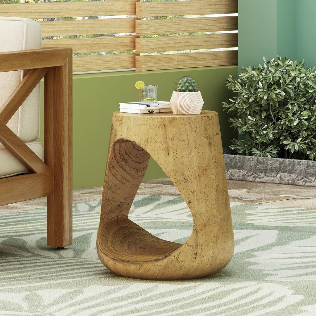 SSLin Round Hollow Side Table Distressed Brown Wood Grain End Table Fully Assembled Magnesium Oxide Accent Table for Living Room Indoor Outdoor