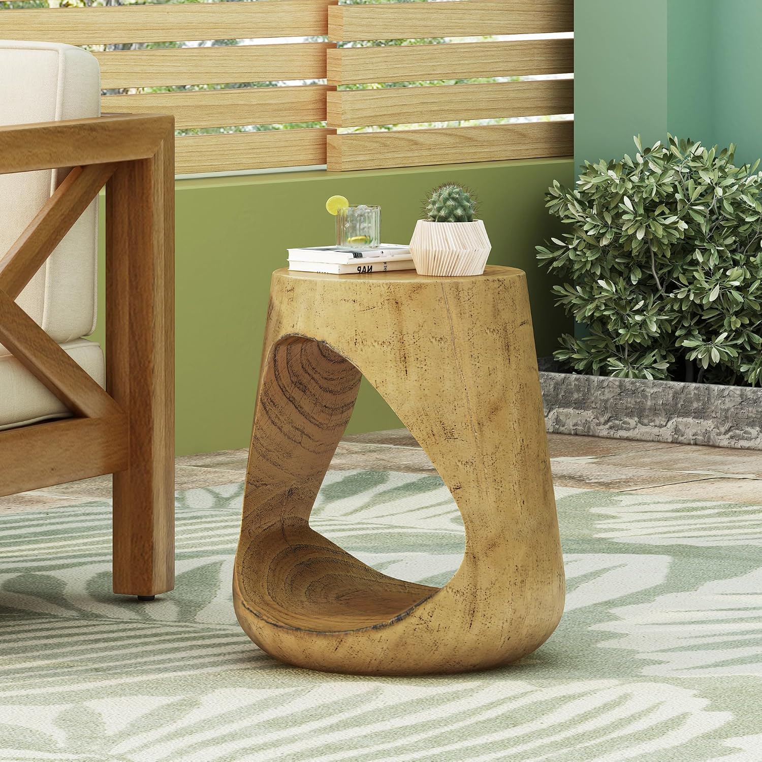 SSLin Round Hollow Side Table Distressed Brown Wood Grain End Table Fully Assembled Magnesium Oxide Accent Table for Living Room Indoor Outdoor