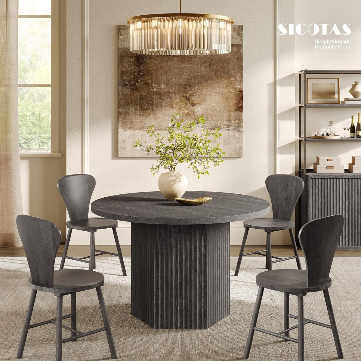 SICOTAS Round Dining Table for 4 6 People 47" Fluted Kitchen Dinner Table Modern Wooden Circle Dining Room Table with Sturdy Base for Dining Room Kitchen Living Room, Dark Grey Alder
