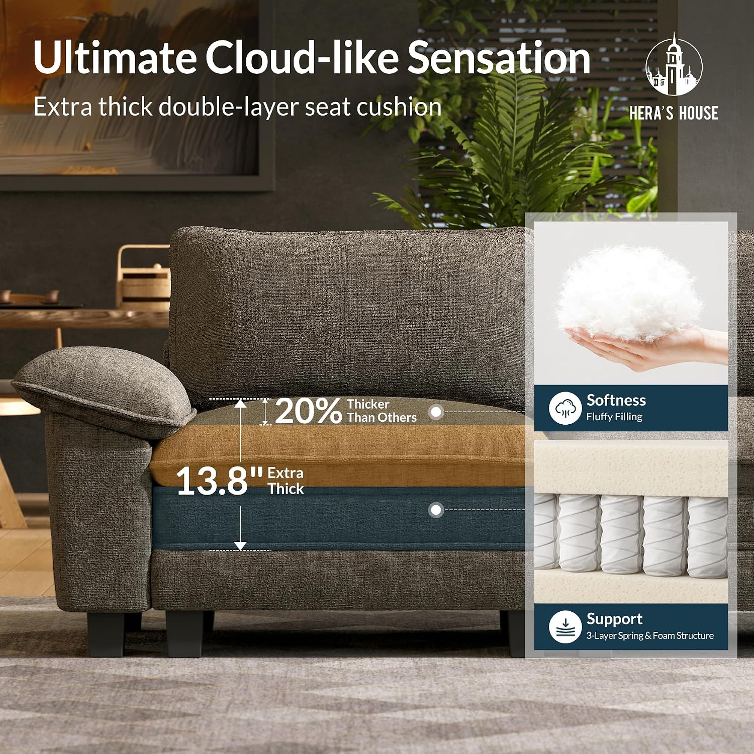 HERA'S HOUSE 3 Pieces Modular Sectional Couch Set with Armchair Loveseat | Modern 6-Seater Cloud Sofa Set , Smoky Grey, Wider Armrest, Deep Seat, Soft Chenille Furniture Set for Living Room