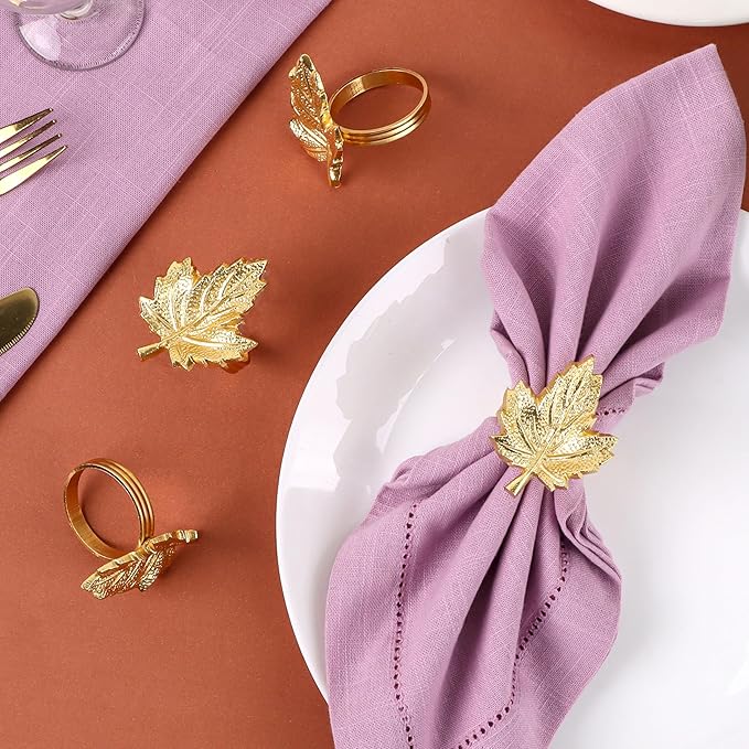 Set of 12 Maple Leaf Napkin Rings - Handcrafted Aluminum Napkin Holders for Cloth & Paper Napkins, Elegant Table Décor for Weddings, Thanksgiving, Christmas & Holiday Parties (Gold) - CLEENTABLE