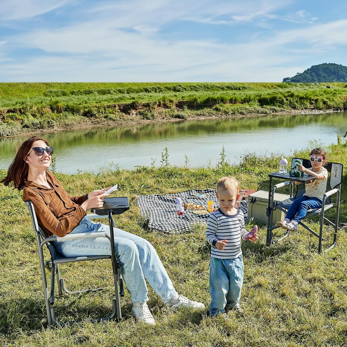 Portal Director Camping Chair with 2-Way Rotating Side Table, 300 lb, Gray | Height-Adjustable Swivel Tray with Cup Holder, Breathable Mesh Back, Portable for Camping, Tailgating, Lawn and RV Travel