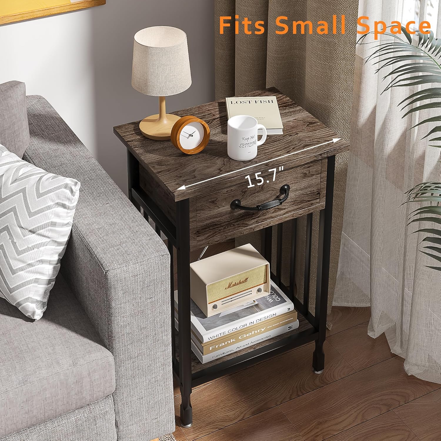 VECELO Nightstands, Industrial Side Table/End Tables with Drawer and Storage Shelf, Night Stands for Bedroom, Living Room, Wood Metal Furniture, Easy Assembly,Gray,1 Set