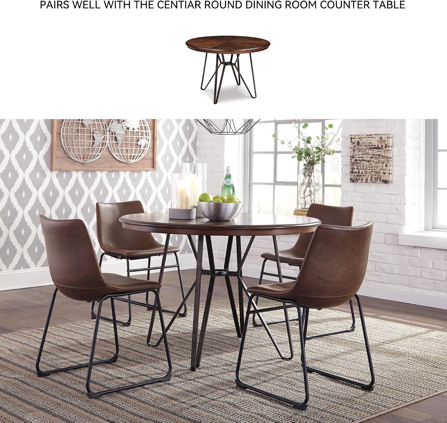 Signature Design by Ashley Centiar Mid-Century Dining Chair Set of 2, Brown | Contoured faux leather bucket seats, Matte black tubular metal base, Optimized for compact kitchen and eat-in spaces