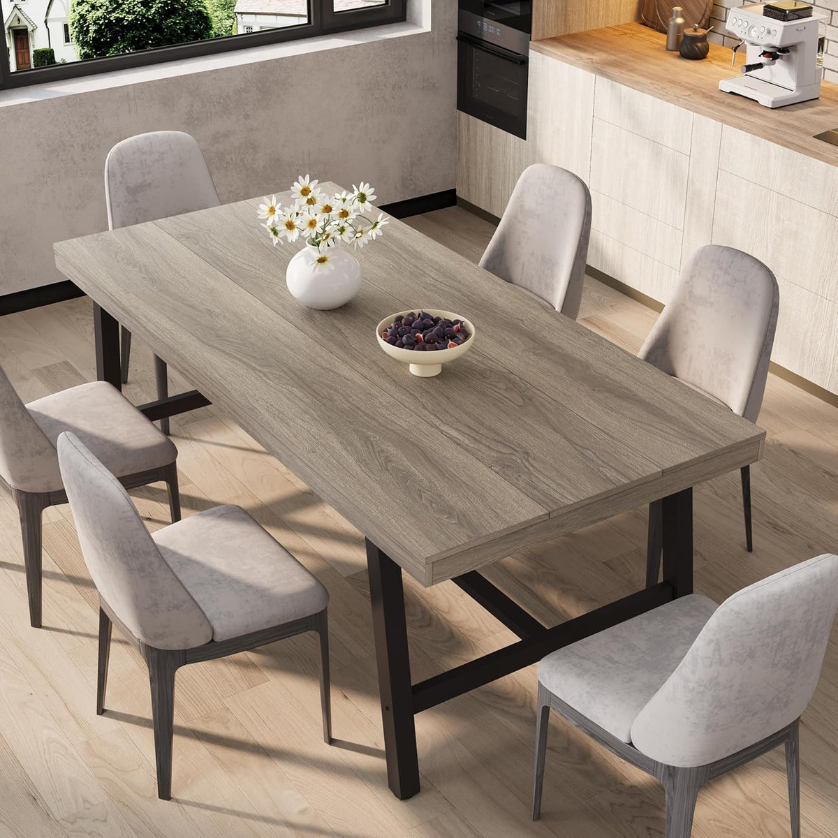 GarveeHome Industrial Dining Table for 6-8 People, 70.87" Long Kitchen Table with Sturdy Metal Frame, Rectangular Counter for Dinner, Kitchen, Dining Room (Grey Walnut, 71" Non-extendable)