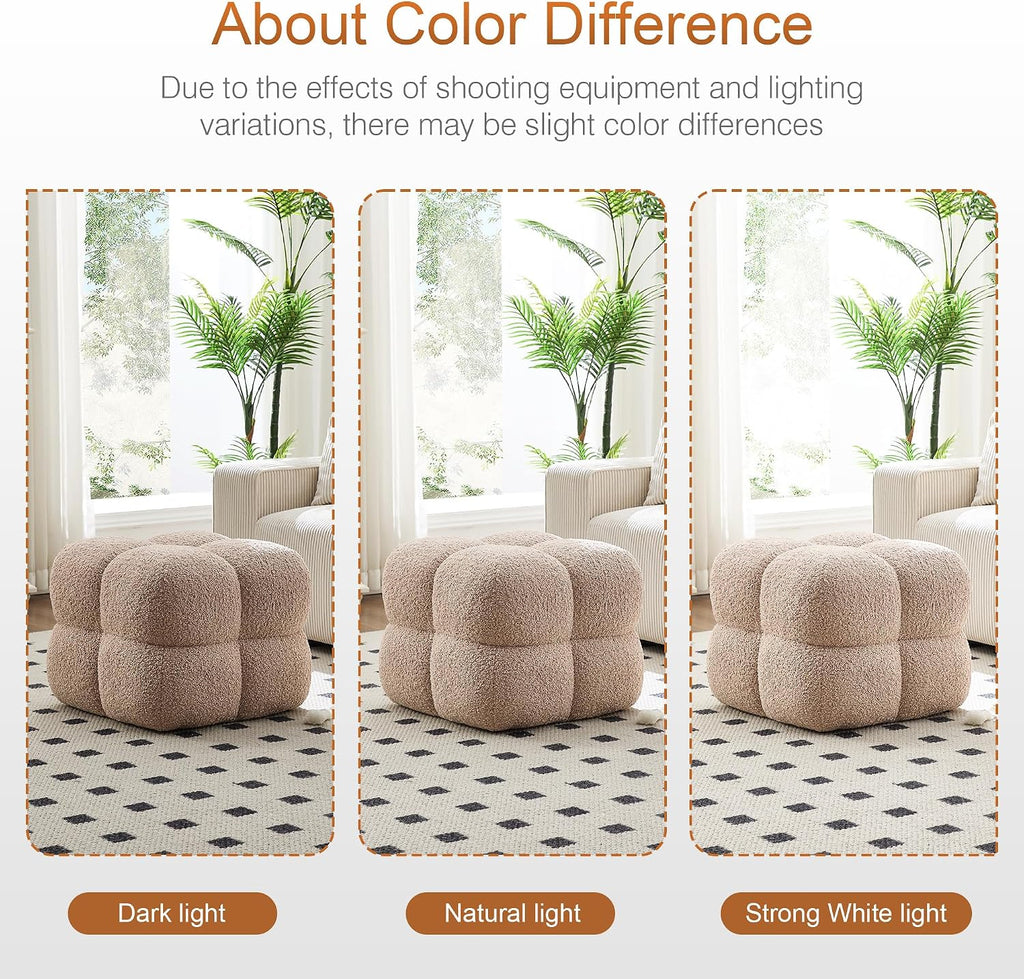 Zesthouse Square Pouf Ottomans Set of 2, Modern Vanity Chair for Bedroom | Sherpa Fabric Foot Rest for Couch, Upholstered Tufted Footstool, Poofy Ottoman Seat for Living Room Dorm, Fluffy Ottoman Tan