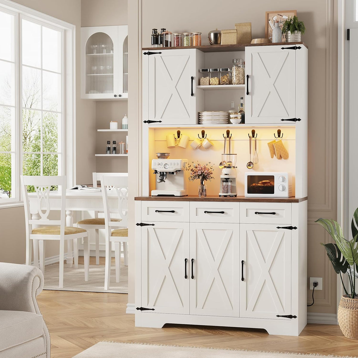 70.9" Tall Kitchen Pantry Cabinet with LED Light & Charging Station, Farmhouse Kitchen Hutch with Large Countertop & 10 Hooks, Kitchen Cabinet Storage with Drawers for Living Room, Dining Room, White