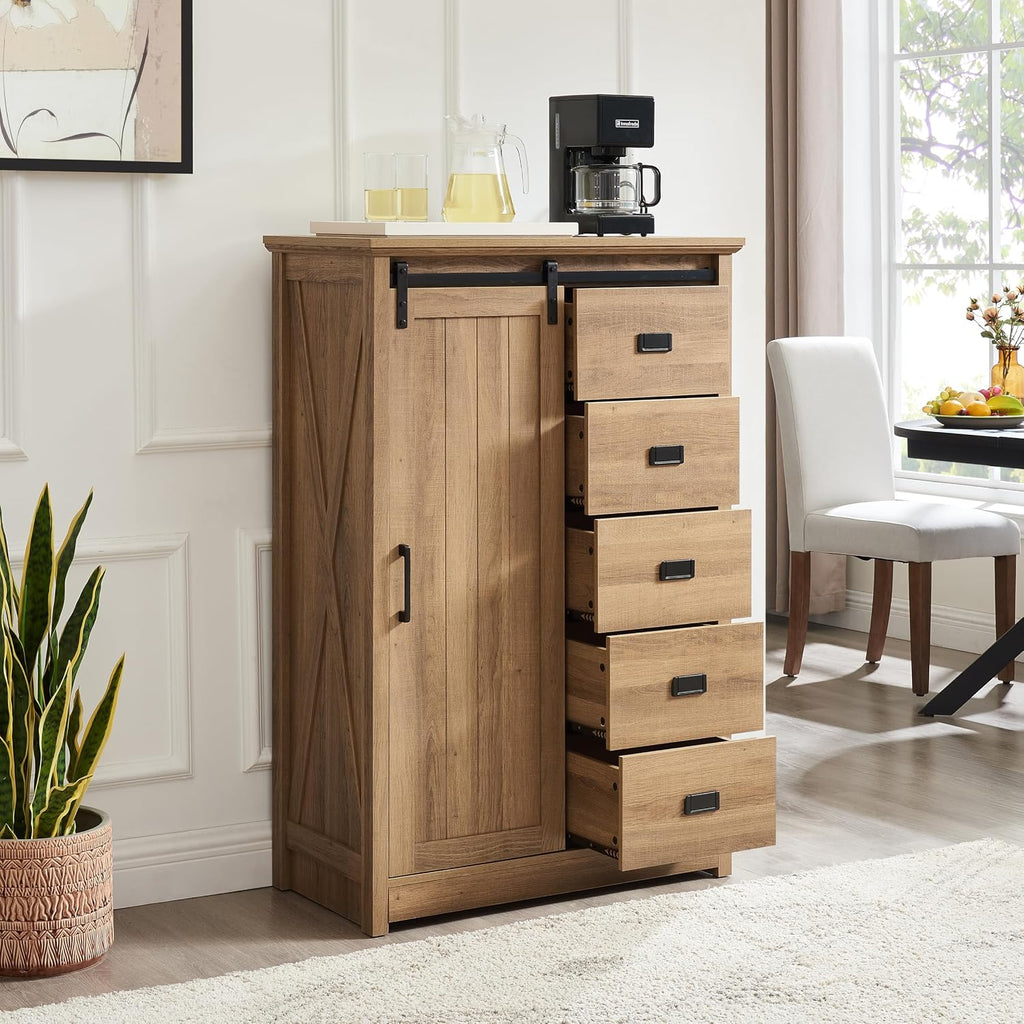 Elountik Farmhouse Modern Tall Dresser with Sliding Barn Door and 5 Drawers, Storage Organizer for Bedroom, Living Room, Hallway, Kids Room in Oak Finish