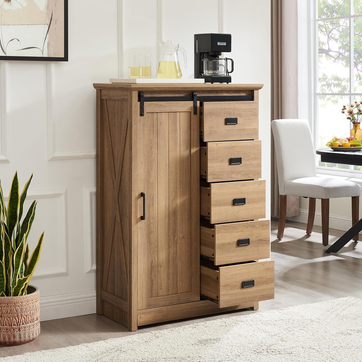Elountik Farmhouse Modern Tall Dresser with Sliding Barn Door and 5 Drawers, Storage Organizer for Bedroom, Living Room, Hallway, Kids Room in Oak Finish