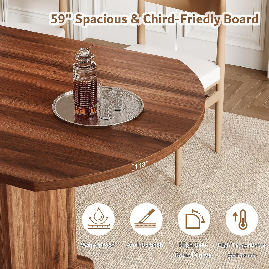 iPormis Round Dining Table for 4-6, 59'' Extendable Dining Room Kitchen Table with 2-Tier Storage Shelf, Wood Dinner Table with Door, Sturdy Pedestal Base, Space Saving, Kitchen, Dining, Walnut