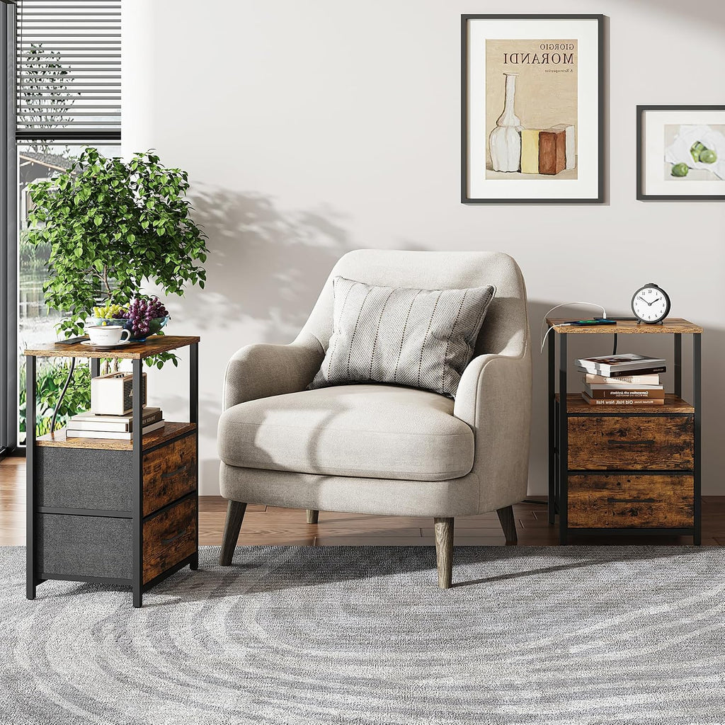 TUTOTAK End Table with Charging Station, Night Stand | Side Table with 2 USB Ports and Outlets, Nightstand with Cloth Drawer, Bedside Table for Livingroom, Bedroom Brown TB01BB088