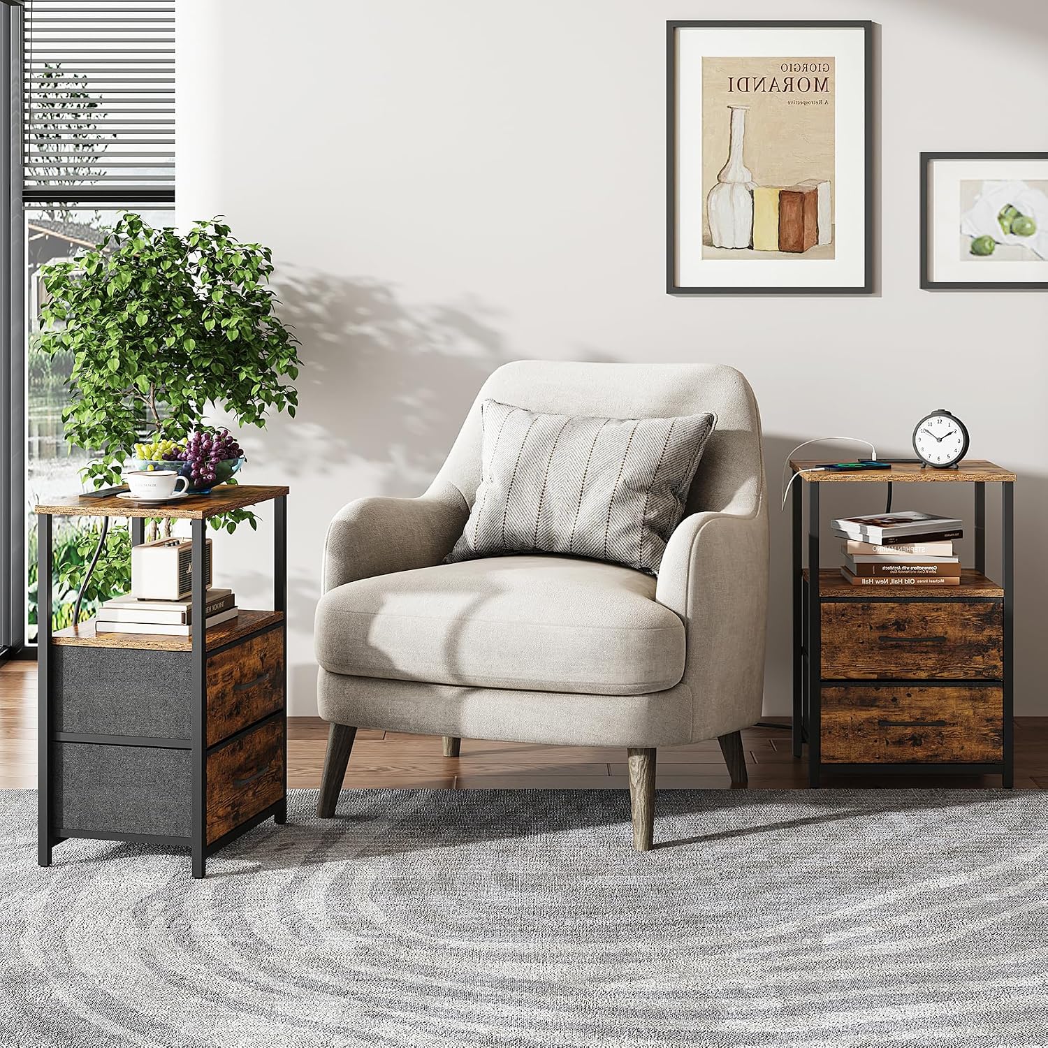 TUTOTAK End Table with Charging Station, Night Stand | Side Table with 2 USB Ports and Outlets, Nightstand with Cloth Drawer, Bedside Table for Livingroom, Bedroom Brown TB01BB088